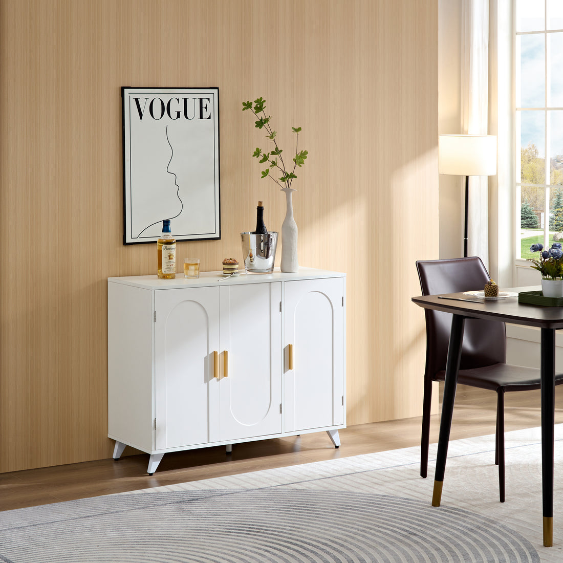 Sideboard Buffet Cabinet With 3 Doors And Removable Shelves, For Living Room, Dining Room, Ivory White White Dining Room American Design,American Traditional Particle Board Particle Board