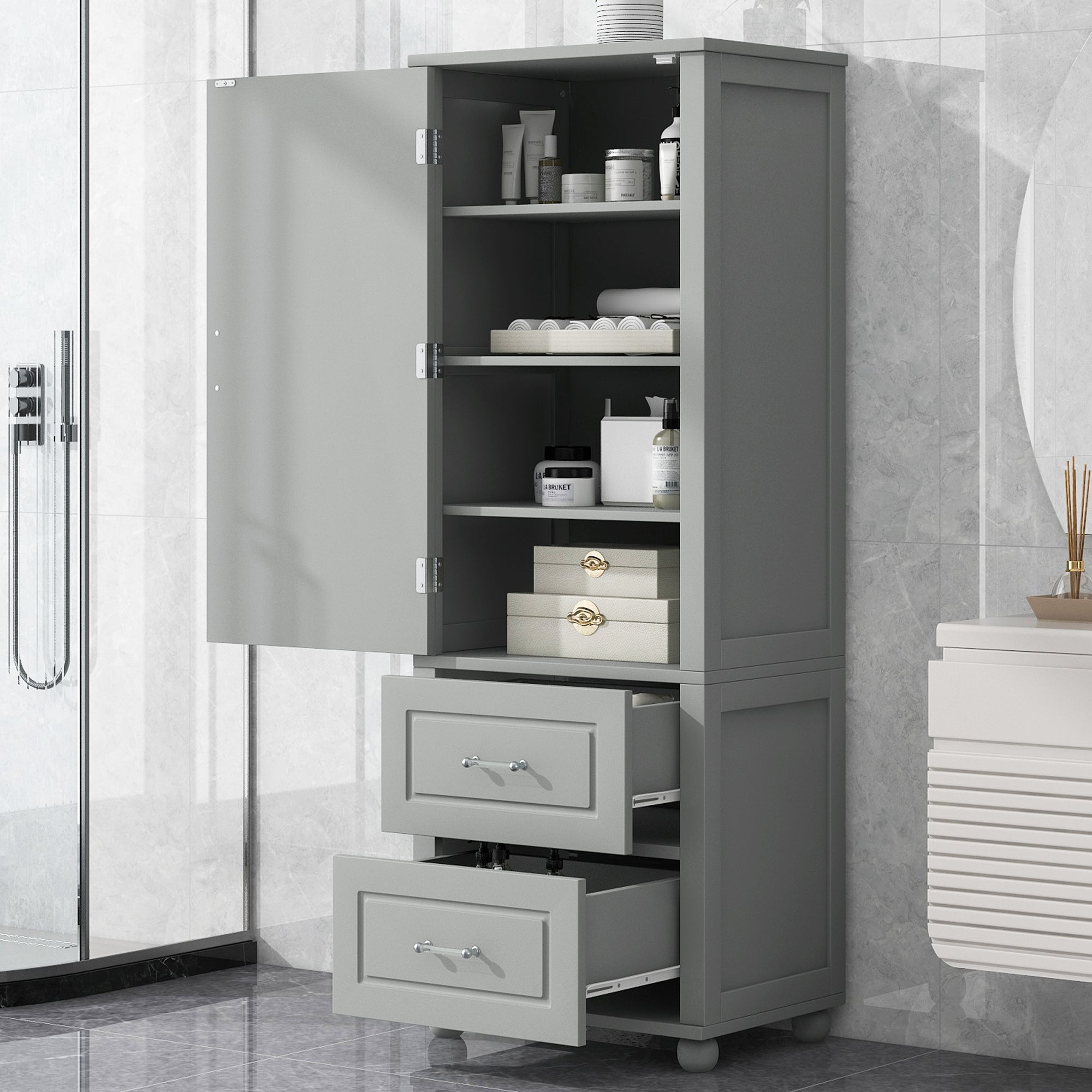 Tall Bathroom Storage Cabinet, Freestanding Storage Cabinet With Two Drawers And Adjustable Shelf, Mdf Board With Painted Finish, Grey Grey Mdf