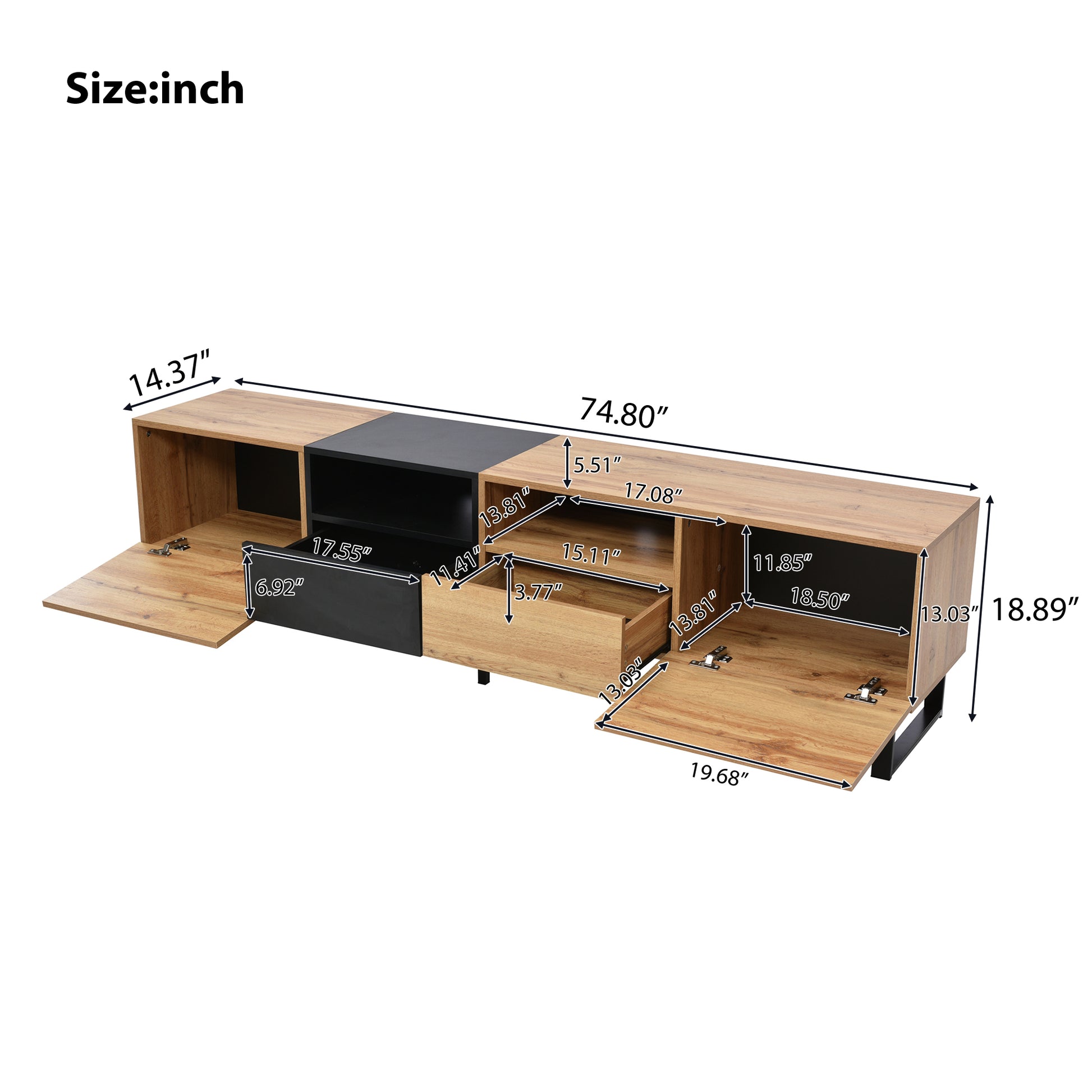 Modern Tv Stand With 2 Cabinets& Open Storage Compartment, Color Matching Media Console Table For Tvs Up To 85'', Entertainment Center With Drop Down Door For Living Room, Bedroom, Home Theatre Wood Brown Primary Living Space 70 79 Inches 90 Inches Or