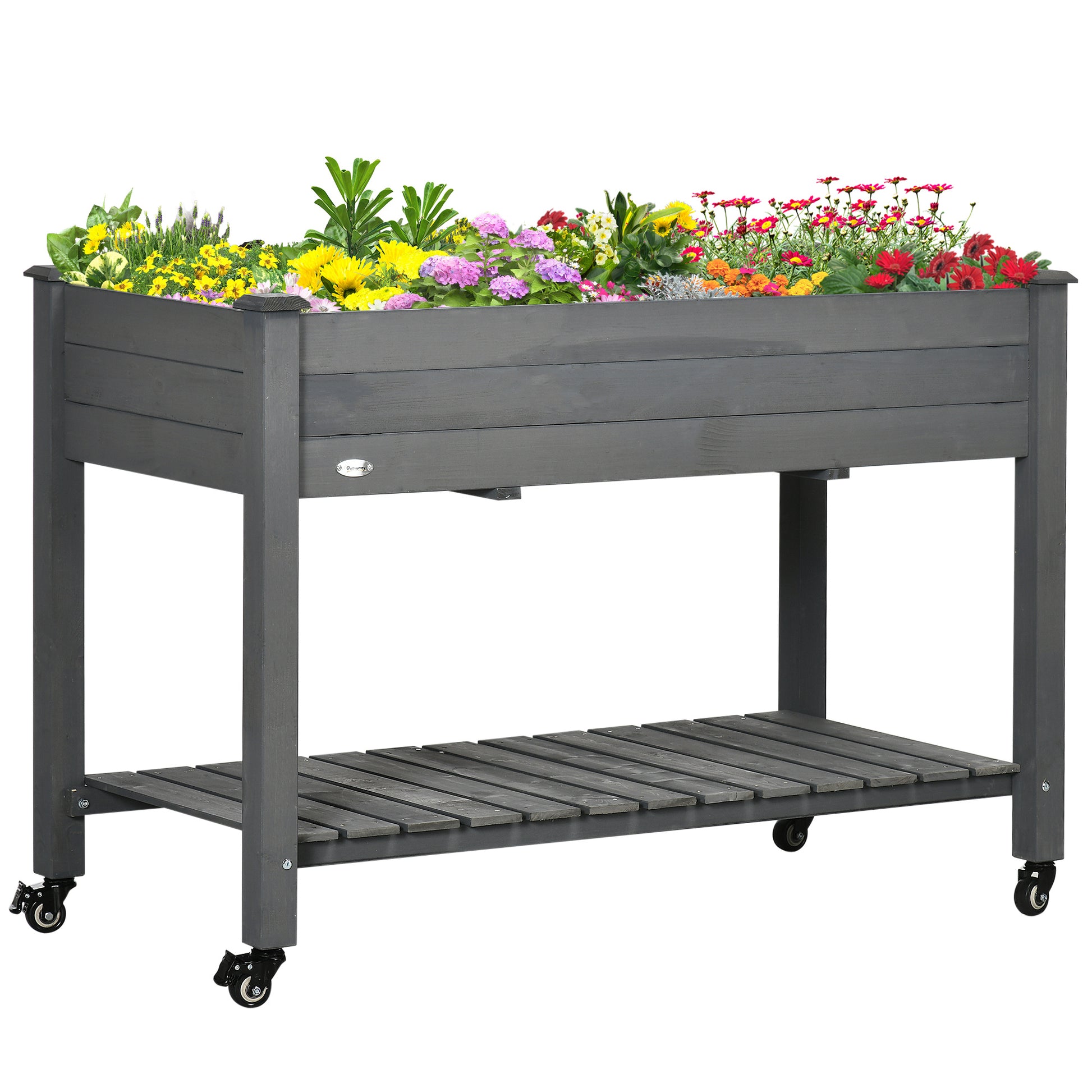 Outsunny Raised Garden Bed, 47" X 22" X 33", Elevated Wooden Planter Box With Lockable Wheels, Storage Shelf, And Bed Liner For Backyard, Patio, Dark Gray Gray Wood