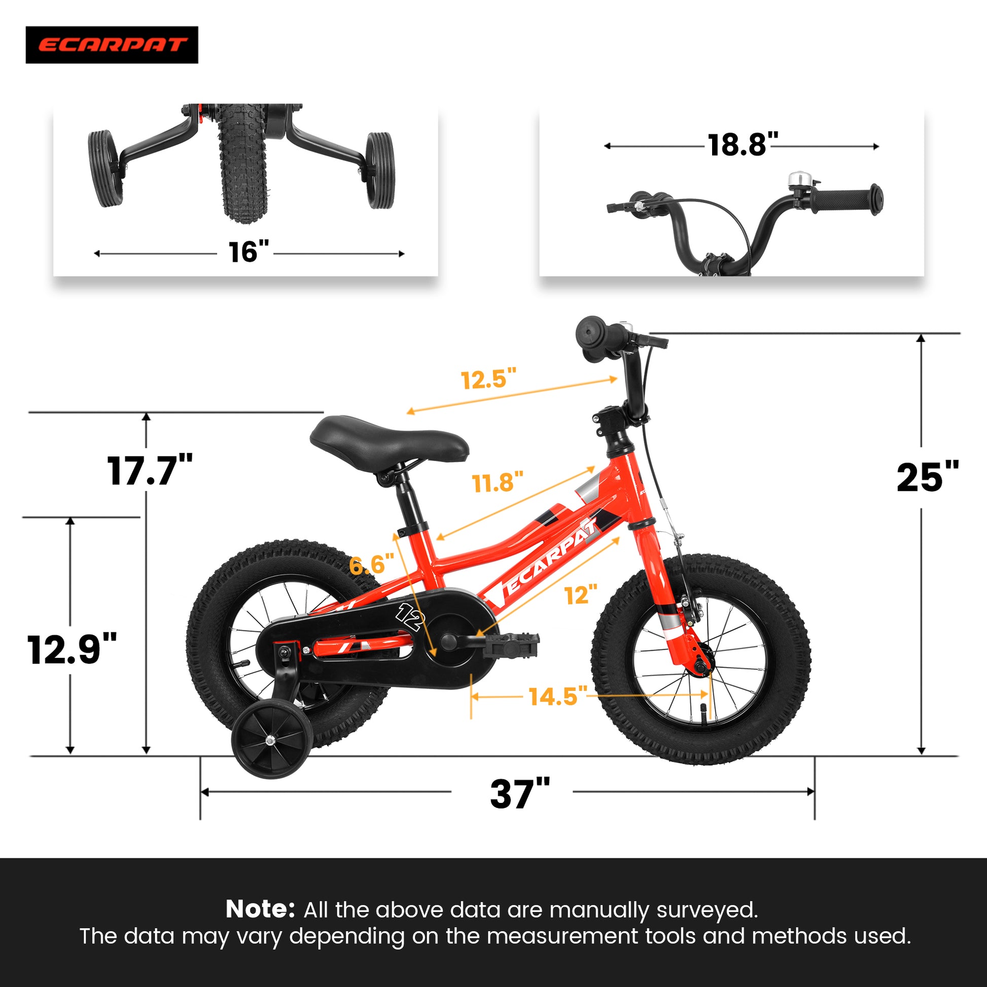 A12117 Ecarpat Kids' Bike 12 Inch Wheels, 1 Speed Boys Girls Child Bicycles For2 3Years, With Removable Training Wheels Baby Toys, Front V Brake, Rear Holding Brake Red Classic 1 To 2 Years Carbon Steel Outdoor