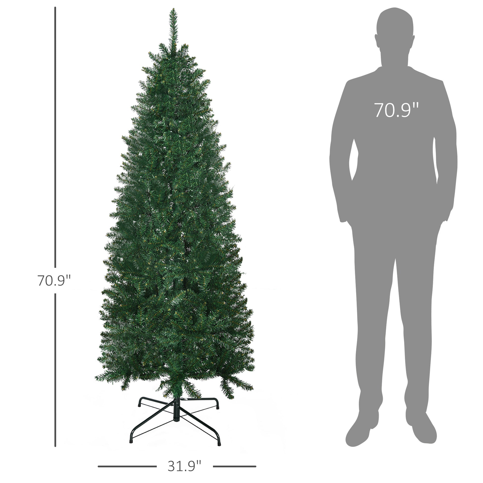 Homcom 6' Tall Unlit Slim Fir Artificial Christmas Tree With Realistic Branches, And 583 Tips, Green Green Plastic