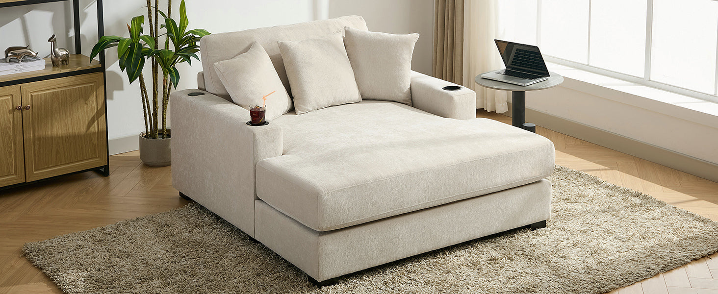 55" Oversized Chaise Lounger Modern Style Sofa Couch ,With Pillows, Charge Station & Cup Holders, Chenille Fabric, Cream Cream Chenille