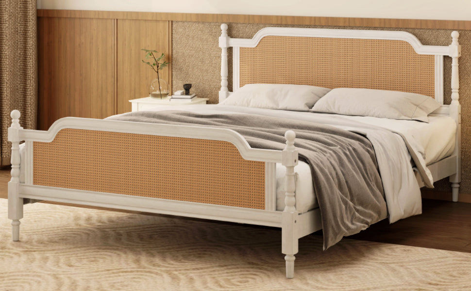 Traditional Style Rattan King Size Bed Frame,No Box Spring Needed,Antique White Box Spring Not Required King Antique White Wood Bedroom Traditional,Vintage Bed Frame Wood