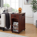 Powered Traditional End Table With Charging Station, Narrow Side Table With Usb Ports And Outlets, Nightstand With Storage, Bedside Tables With Wheels For Living Room, Bedroom,Red Walnut Walnut