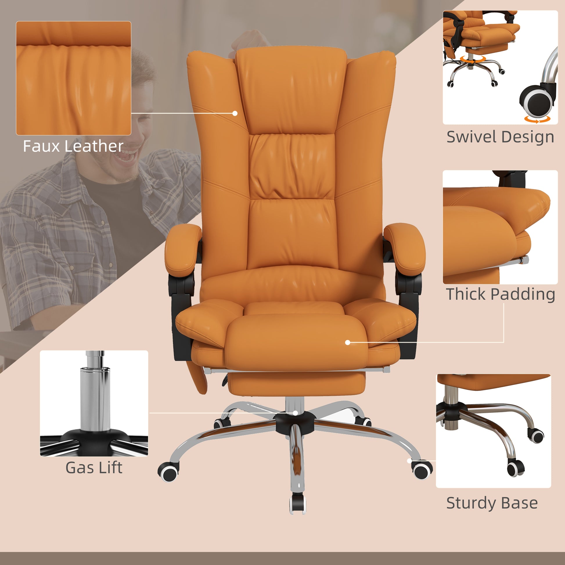 Vinsetto Executive Massage Office Chair With 4 Vibration And Heat, 3 Modes, Pu Leather Swivel Chair With Adjustable Height, Reclining Back, And Footrest, Light Brown Light Brown Pu Leather