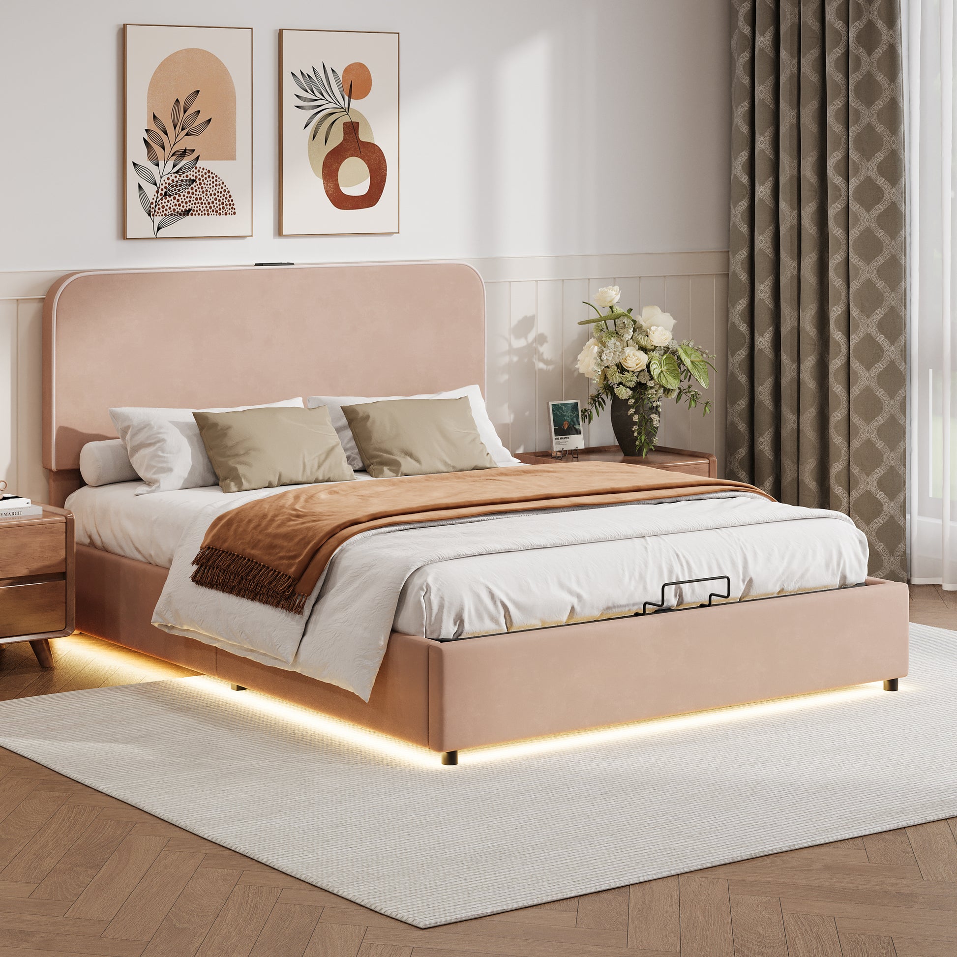 Upholstered Platform Queen Size Hydraulic Storage Bed, Lift Up Storage Bed With Rgb Led Light, Bluetooth Speaker, No Box Spring Needed, Lychee Velvet,Pink Queen Pink Velvet Fabric Metal