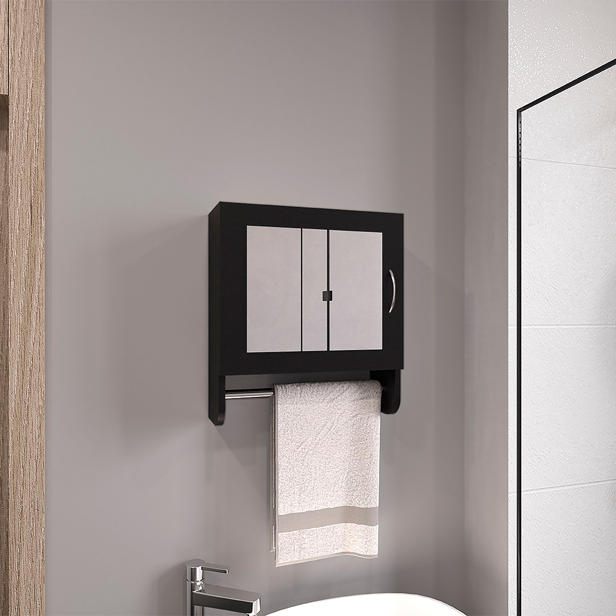 Botiq 19.7" H X 17.7" W Mirror Medicine Cabinet With Towel Rack White, One Door With Two Interior Shelves For Bathroom, Kitchen Black Black Particle Board