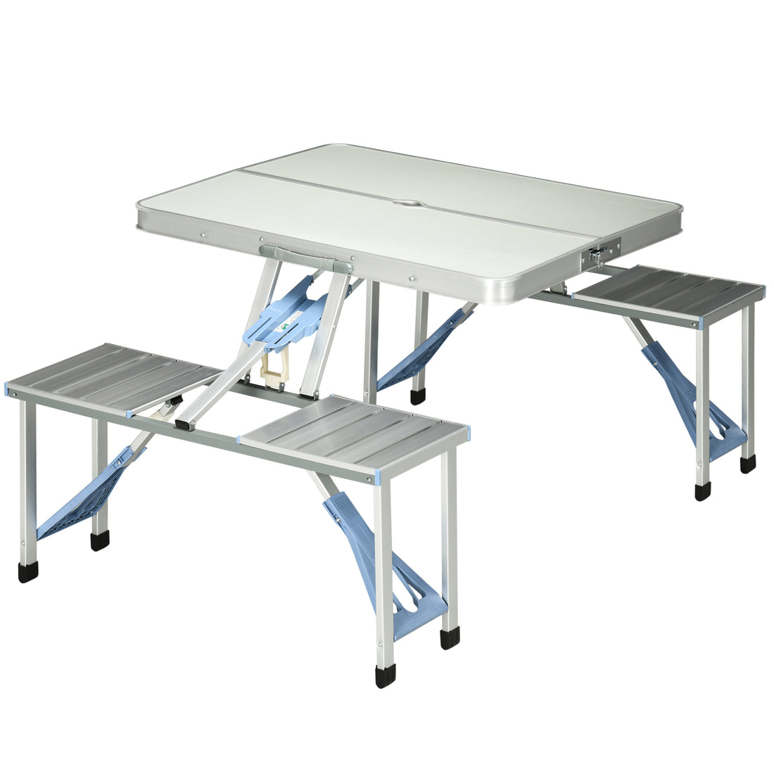 Outsunny Folding Picnic Table With Umbrella Hole, Aluminum Suitcase Portable Outdoor Table With Bench, Patio, Porch Or Camping Table And Chair Set, Silver Silver Mdf
