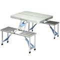 Outsunny Folding Picnic Table With Umbrella Hole, Aluminum Suitcase Portable Outdoor Table With Bench, Patio, Porch Or Camping Table And Chair Set, Silver Silver Mdf