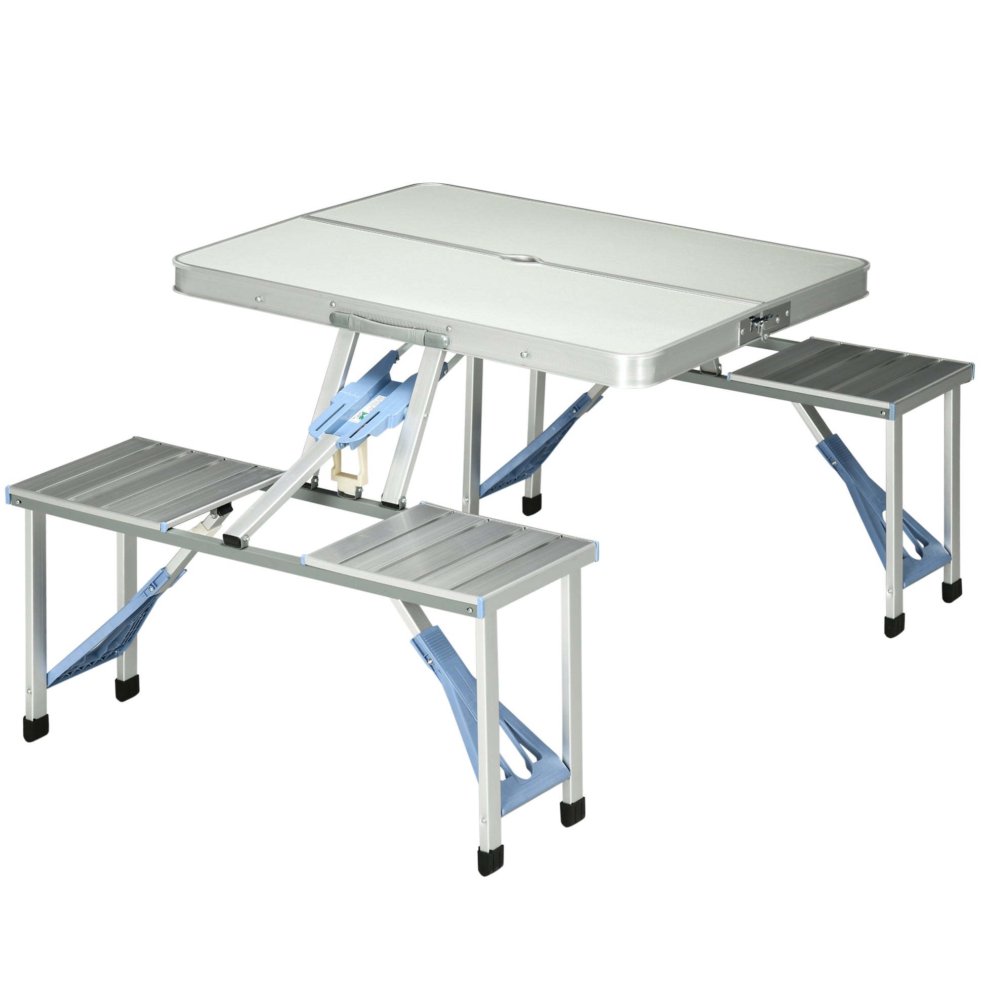 Outsunny Folding Picnic Table With Umbrella Hole, Aluminum Suitcase Portable Outdoor Table With Bench, Patio, Porch Or Camping Table And Chair Set, Silver Silver Mdf
