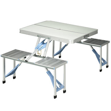 Outsunny Folding Picnic Table With Umbrella Hole, Aluminum Suitcase Portable Outdoor Table With Bench, Patio, Porch Or Camping Table And Chair Set, Silver Silver Mdf