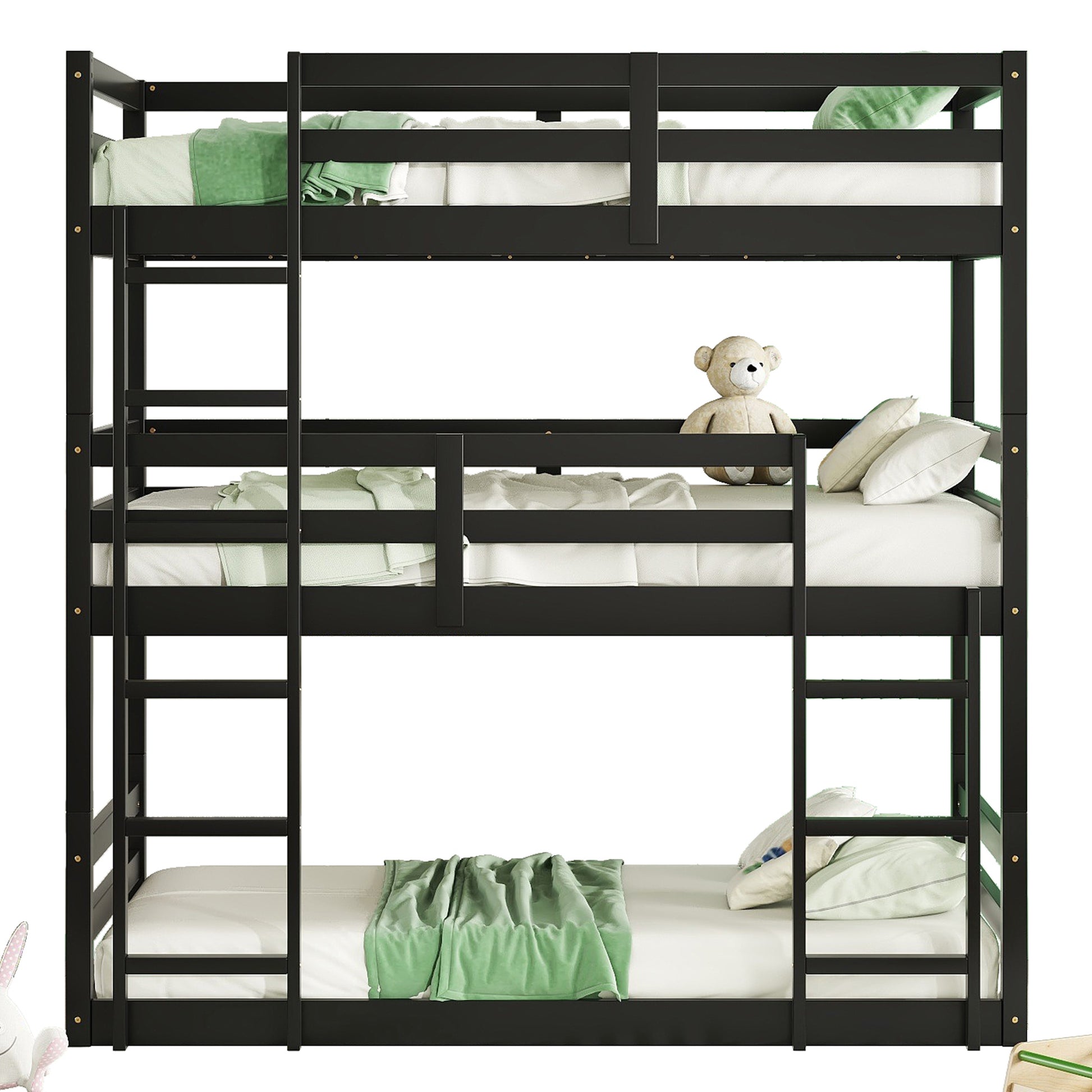 Triple Rubber Wood Bunk Bed With Two Built In Ladders, Guardrails, Twin Over Twin Over Twin, Detachable Triple Twin Bunk Bed,Black Twin Black Bedroom American Design Bed Frame Rubber Wood