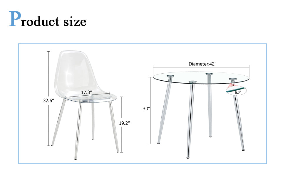 Table And Chair Set.A Modern Minimalist Round Dining Table With Transparent Tempered Glass Top And Silver Metal Legs,Paired With 6 Multiple Transparent High Quality Pp Dining Chairs With Silver Legs. Silver,Transparent Seats 6 Glass Metal