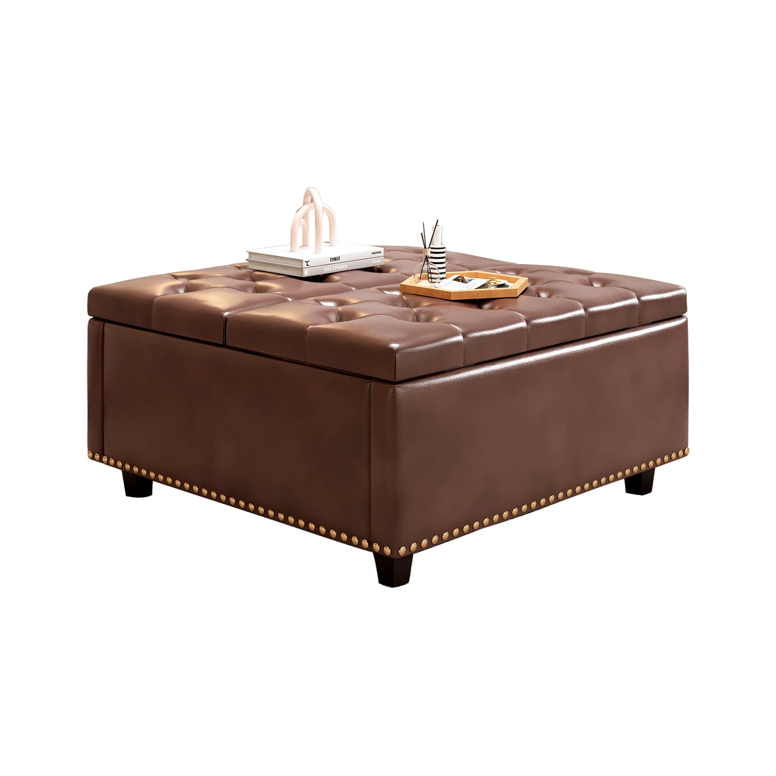 Large Square Storage Stool With Two Storage Doors, Footstool For Living Room Mid Century Modern Coffee Table Withinlay, Brown Pu Leather Brown Modern Foam Pu