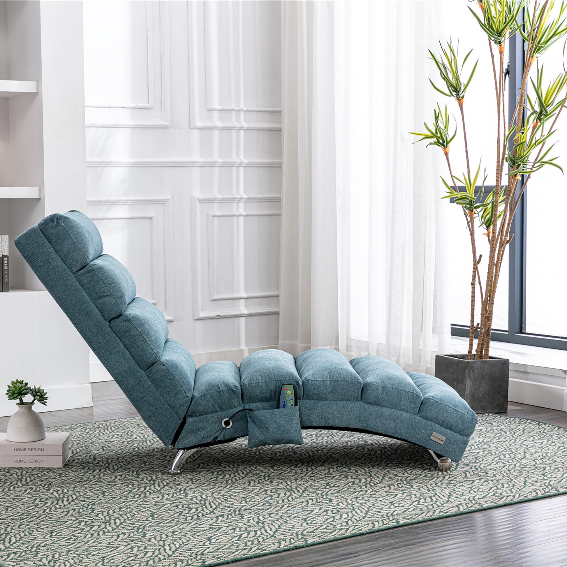 Coolmore Linen Massage Chaise Lounge Indoor With Remote Control,Ergonomic Electric Massage Long Lounger With 5 Modes For Office, Living Room,Bedroom Blue Blue Foam Linen