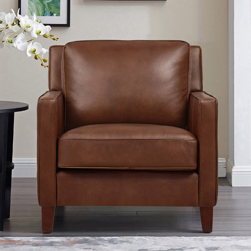 Ashby Leather Chair Pecan Primary Living Space Mid Century Modern Eucalyptus Down Filling Genuine Leather