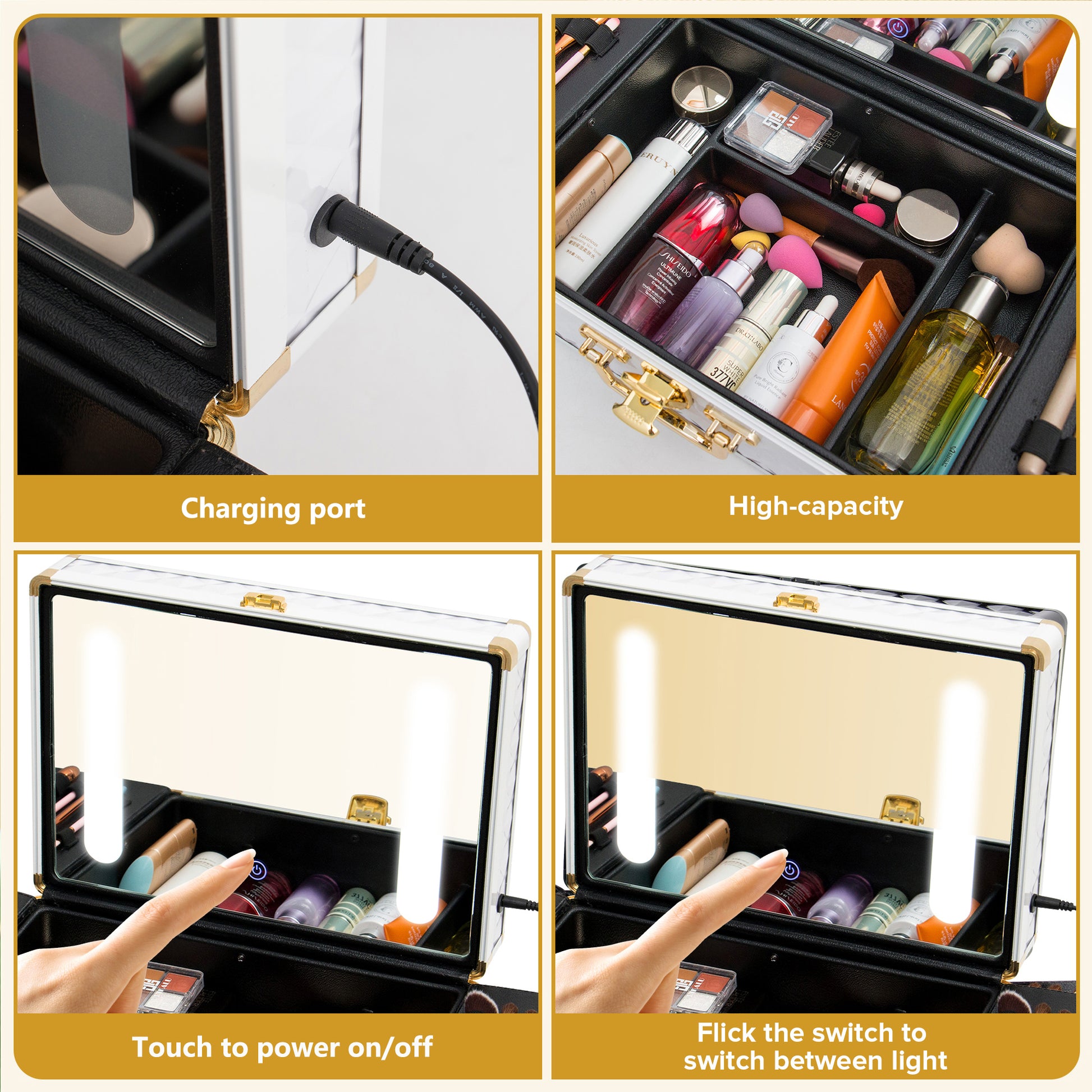 Portable Makeup Case With Led Mirror Travel Makeup Bag Cosmetic Organizer Box With Locks, Brush Holder, Dividers, Rechargeable, White White Aluminium Alloy