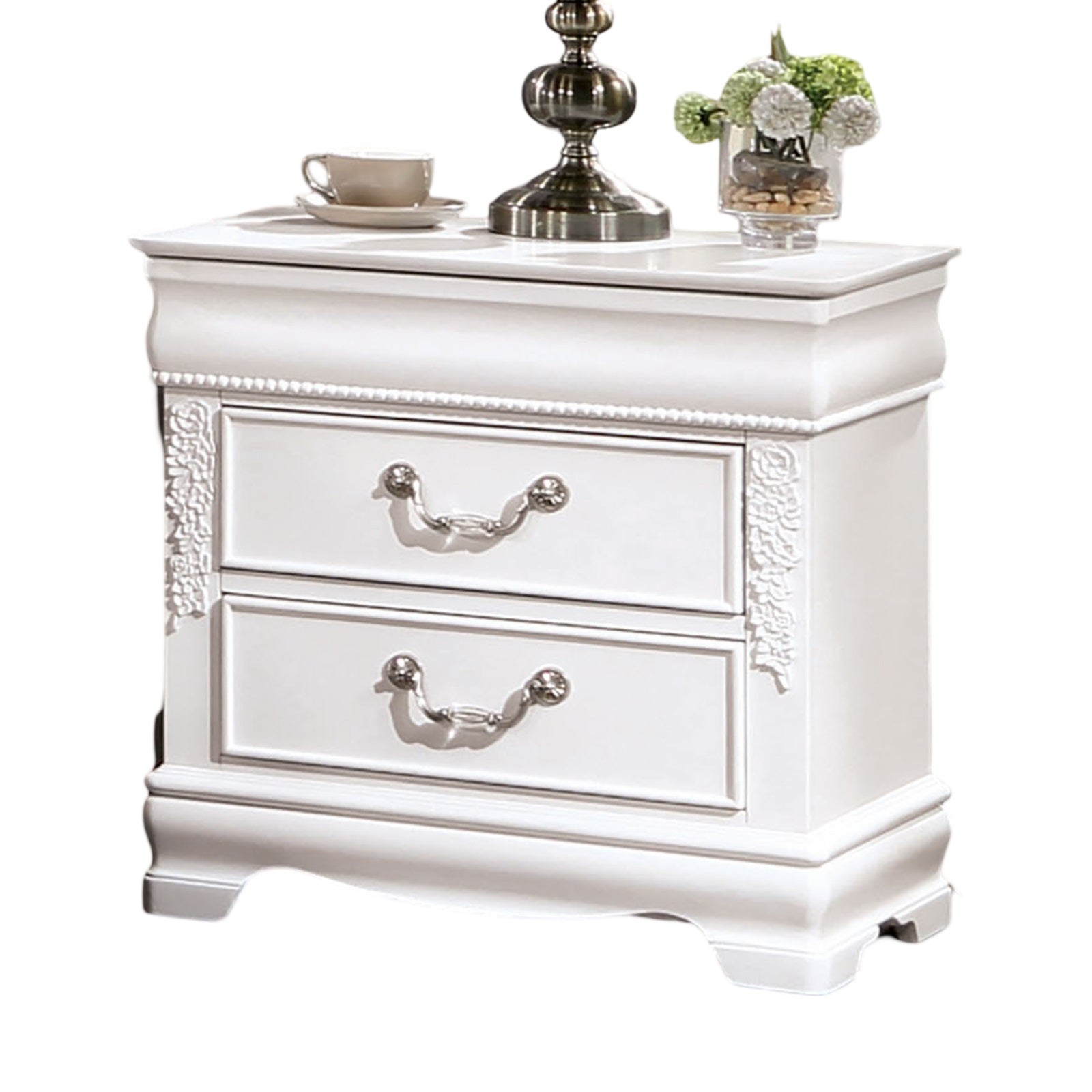 Classic White Color 1Pc Nightstand Bedroom Furniture Solid Wood Nickel Hanging Pulls 2 Drawers Bedside Table White White 2 Drawers Bedroom Bedside Cabinet Classic,Contemporary,Transitional Rubberwood Drawers Solid Wood