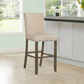 Lok 30 Inch Wood Barstool, Set Of 2, Trim, Padded Seating, Beige Beige Brown Solid Wood