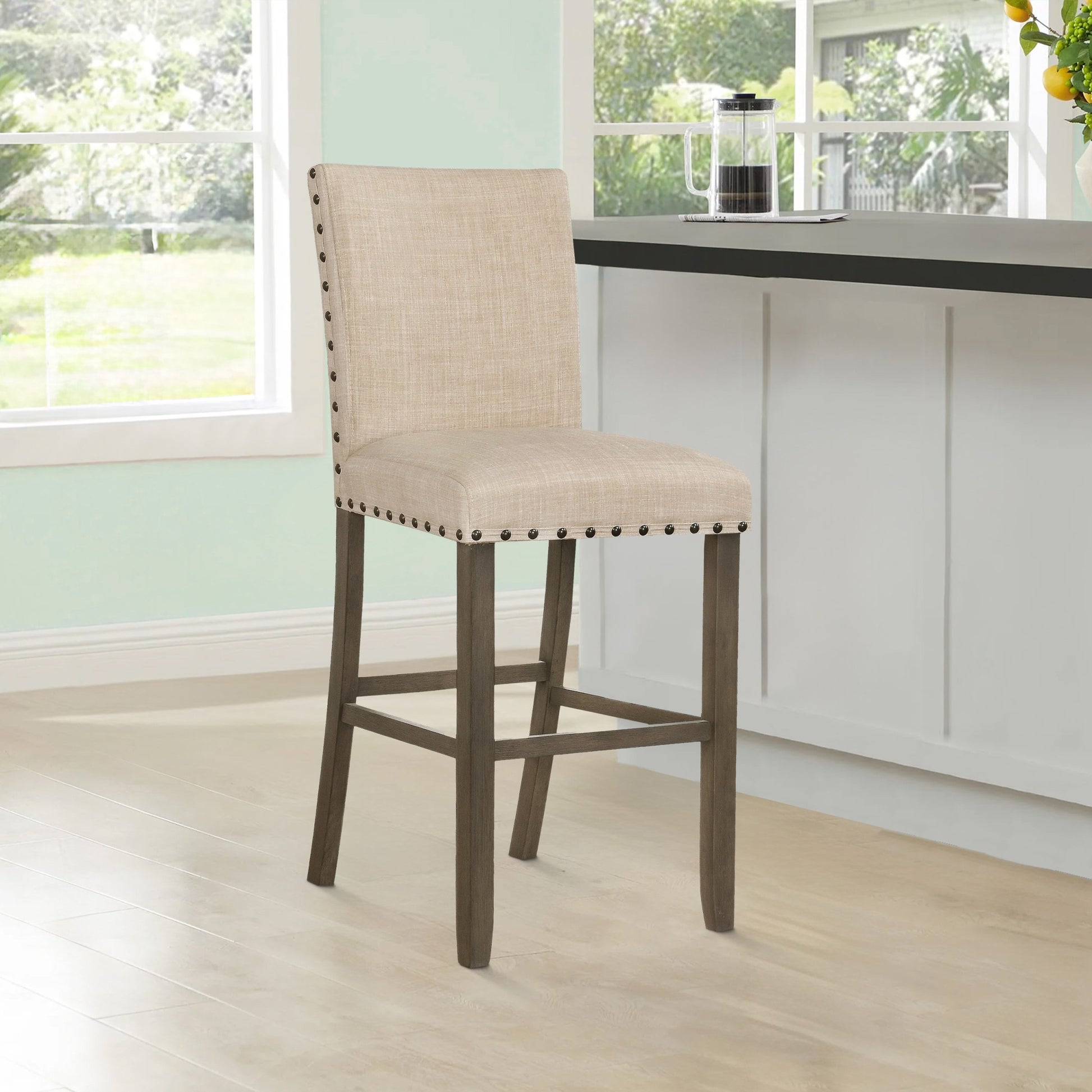 Lok 30 Inch Wood Barstool, Set Of 2, Trim, Padded Seating, Beige Beige Brown Solid Wood