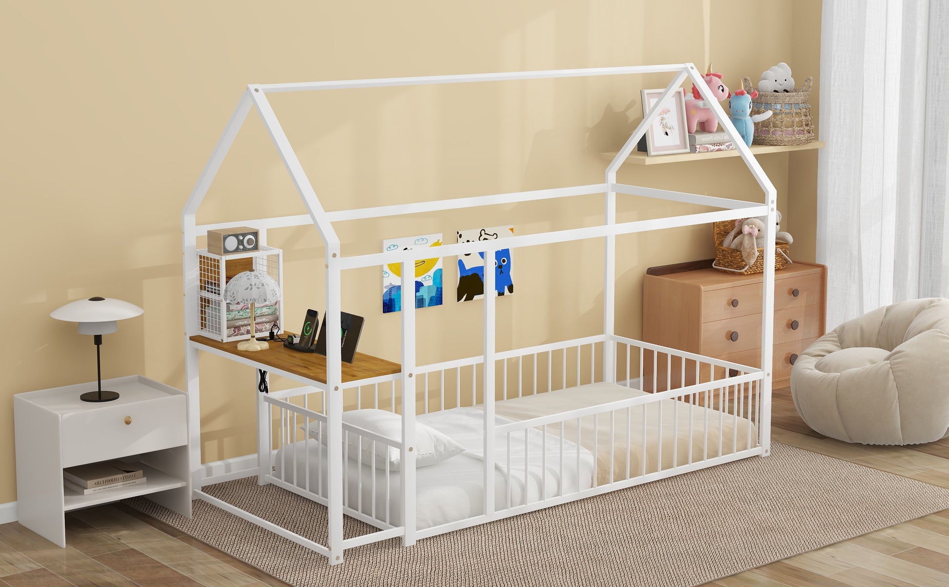 Twin Size Metal Bed House Bed Frame With Desk, Shelves, Power Outlets And Usb Ports, White Twin White Metal