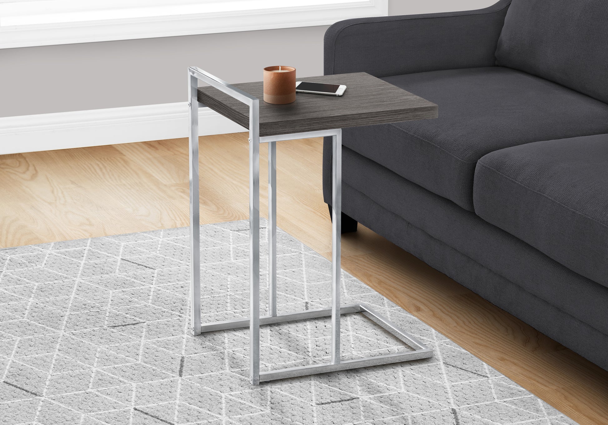 Accent Table, C Shaped, End, Side, Snack, Living Room, Bedroom, Grey Laminate, Chrome Metal, Contemporary, Modern Grey Particle Board