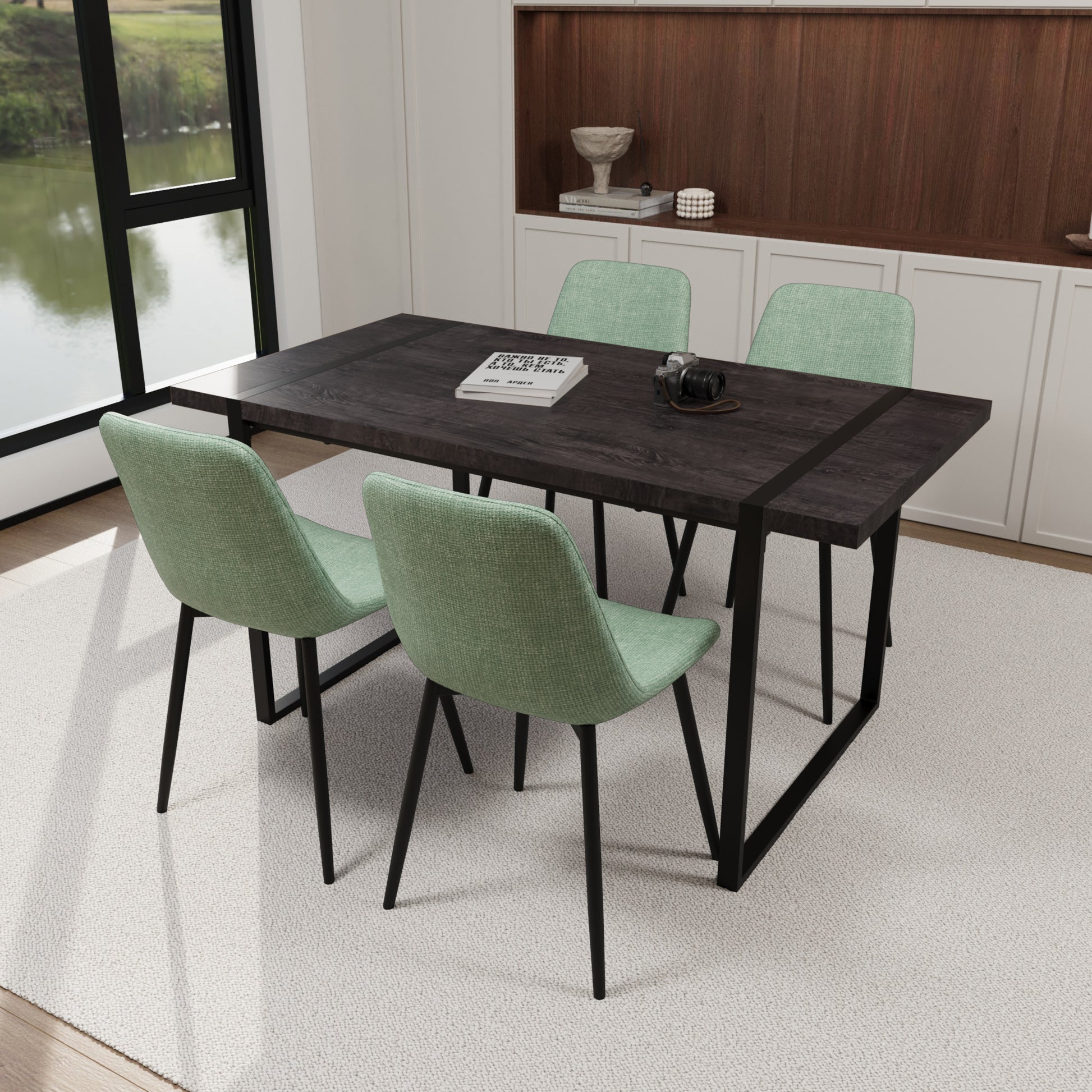 Mdf Black Wooden Dining Table And Modern Dining Chair 4 Piece Set, Medieval Wooden Kitchen Dining Table Set, Rectangular Metal Base, Dining Table And Suede Chair Brown Green Mdf