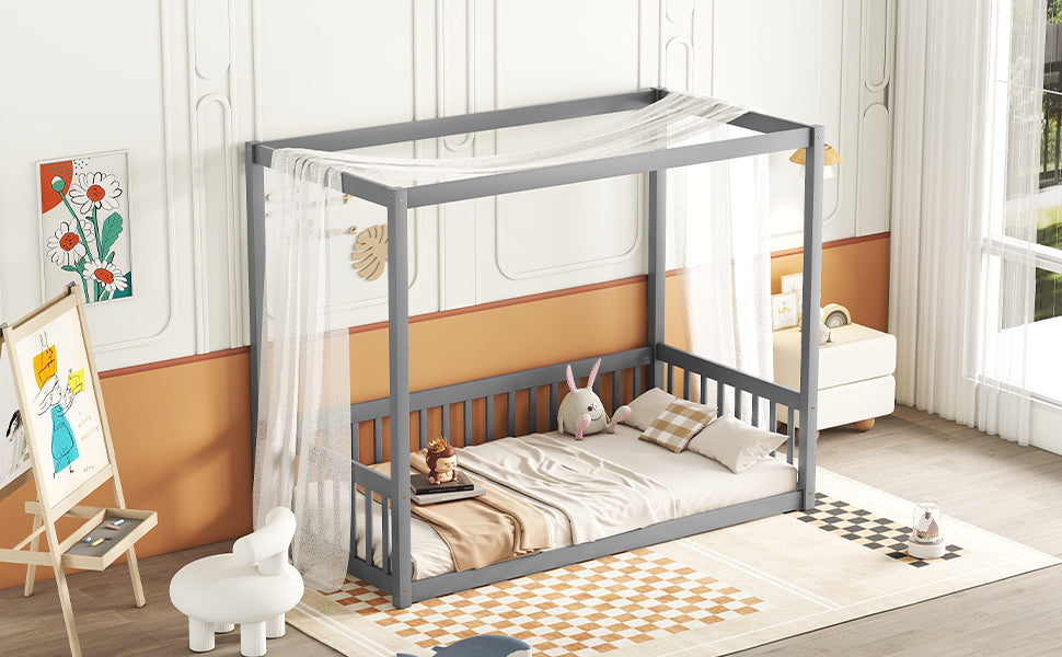 Twin Size Canopy Frame Floor Bed With Fence, Guardrails,Grey Twin Grey American Design Pine