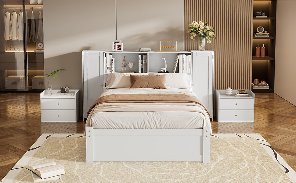 Twin Size Platform Bed With Storage Headboard And Lockers, White Twin Box Spring Not Required White Wood Bedroom Solid Wood Mdf