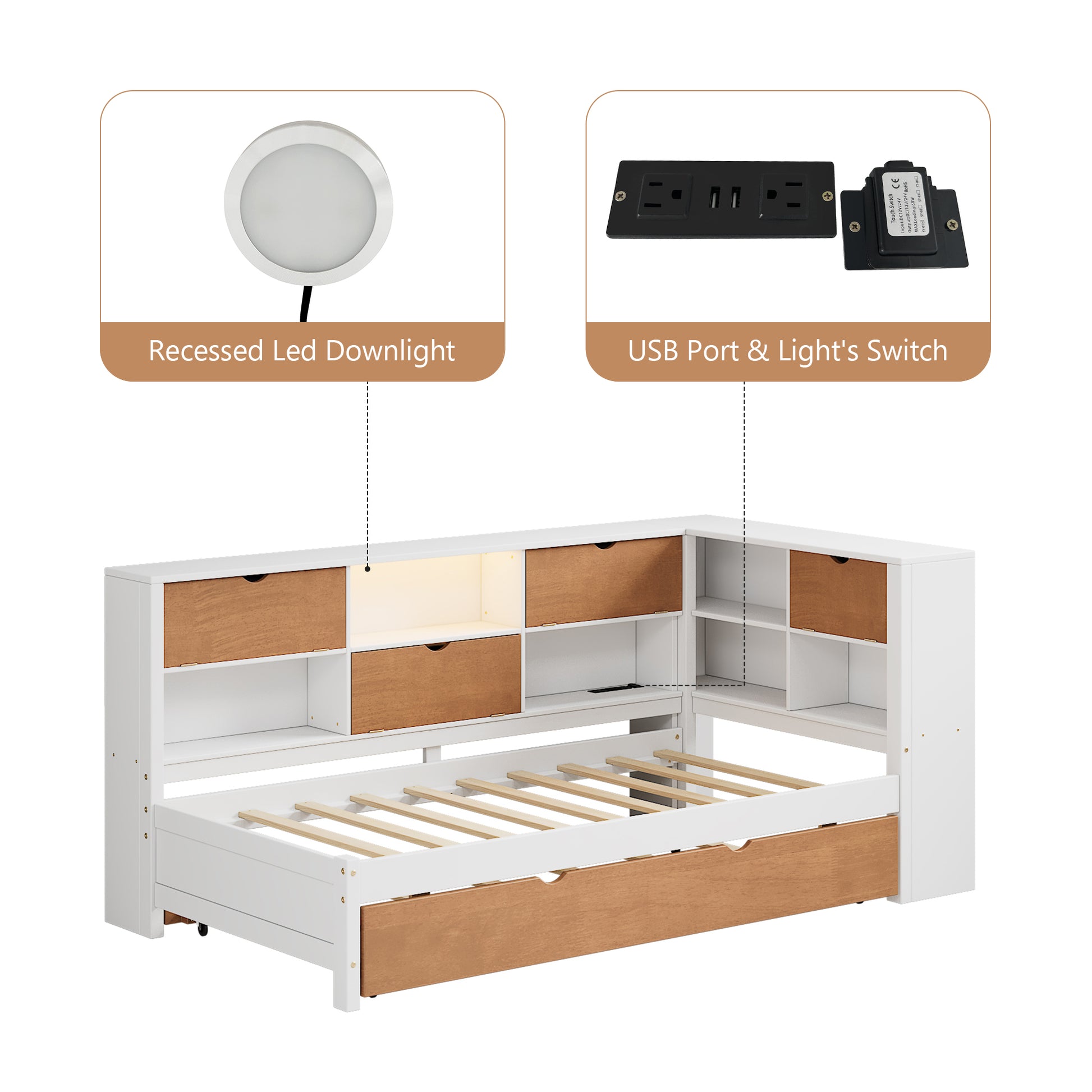 L Shaped Bed Frame With Trundle And And Bookcase,Corner Bed Wooden Captain Bed With Led Downlight And Usb Port For Small Room,Bedroom, Guest Room, Twin Size, Walnut And White Box Spring Not Required Twin White Walnut Wood Bedroom Modern Pine Bed Frame