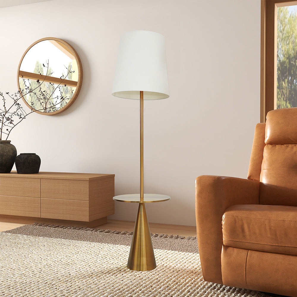 Celestial Modern Floor Lamp With Brass Accent Table With Large White Shade Gold,White Linen,Metal