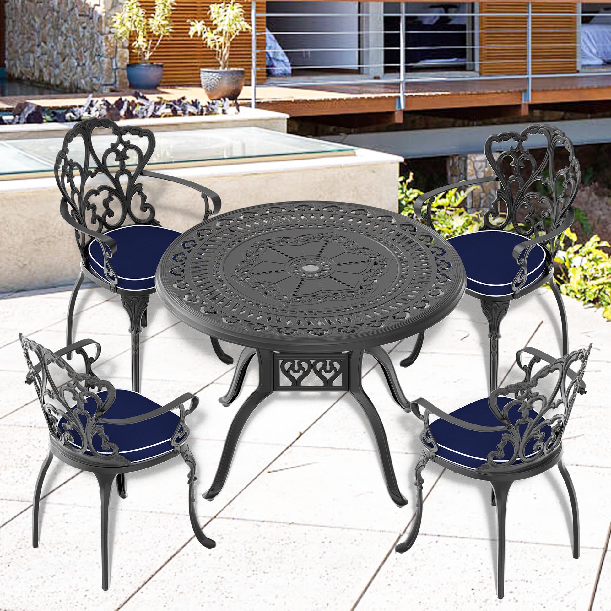 Cushions In Random Colors 5 Piece Set Of Cast Aluminum Patio Furniture With Cushions Yes Dining Set Black Blue Seats 4 Rust Resistant Frame Water Resistant Cushion Garden & Outdoor Complete Patio Sets Aluminium