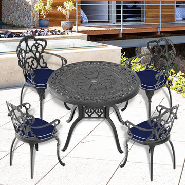 Cushions In Random Colors 5 Piece Set Of Cast Aluminum Patio Furniture With Cushions Yes Dining Set Black Blue Seats 4 Rust Resistant Frame Water Resistant Cushion Garden & Outdoor Complete Patio Sets Aluminium