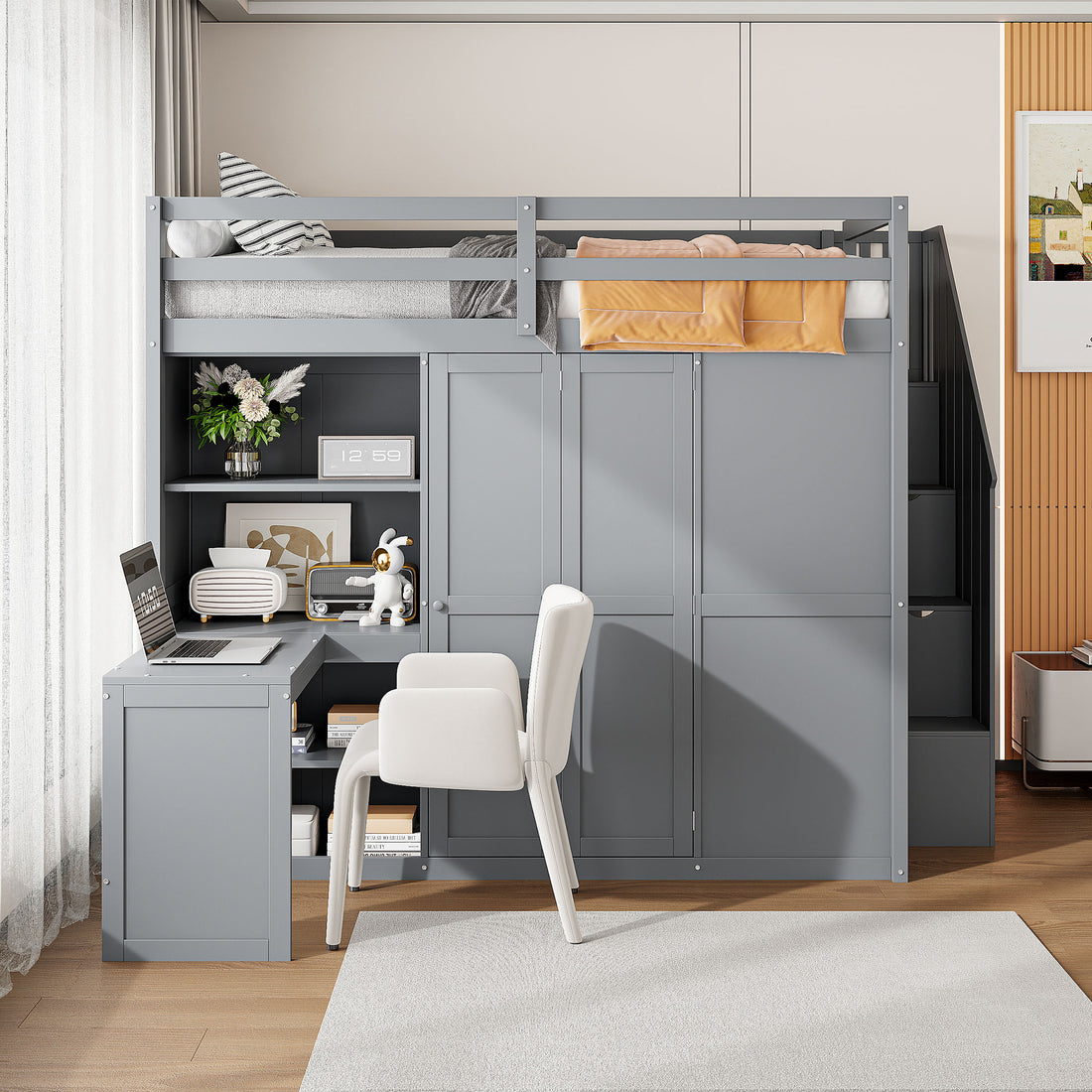 Full Size Loft Bed With Wardrobe,Desk And Shelves,Grey Grey Mdf Lvl