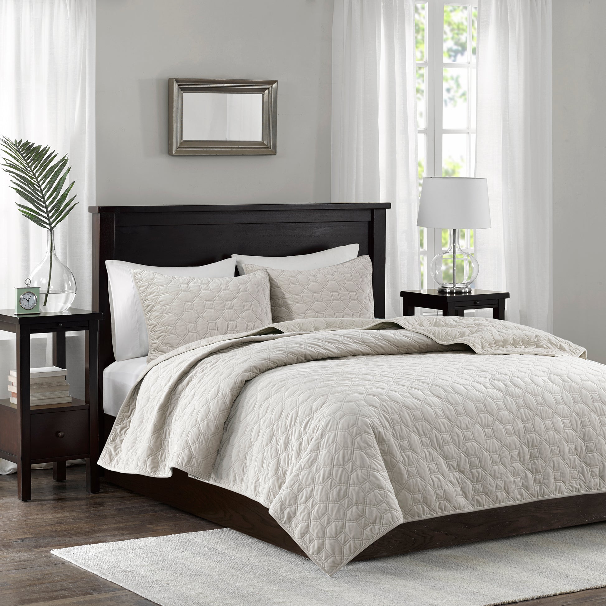 3 Piece Velvet Quilt Set Ivory Full Queen Full Ivory Cotton