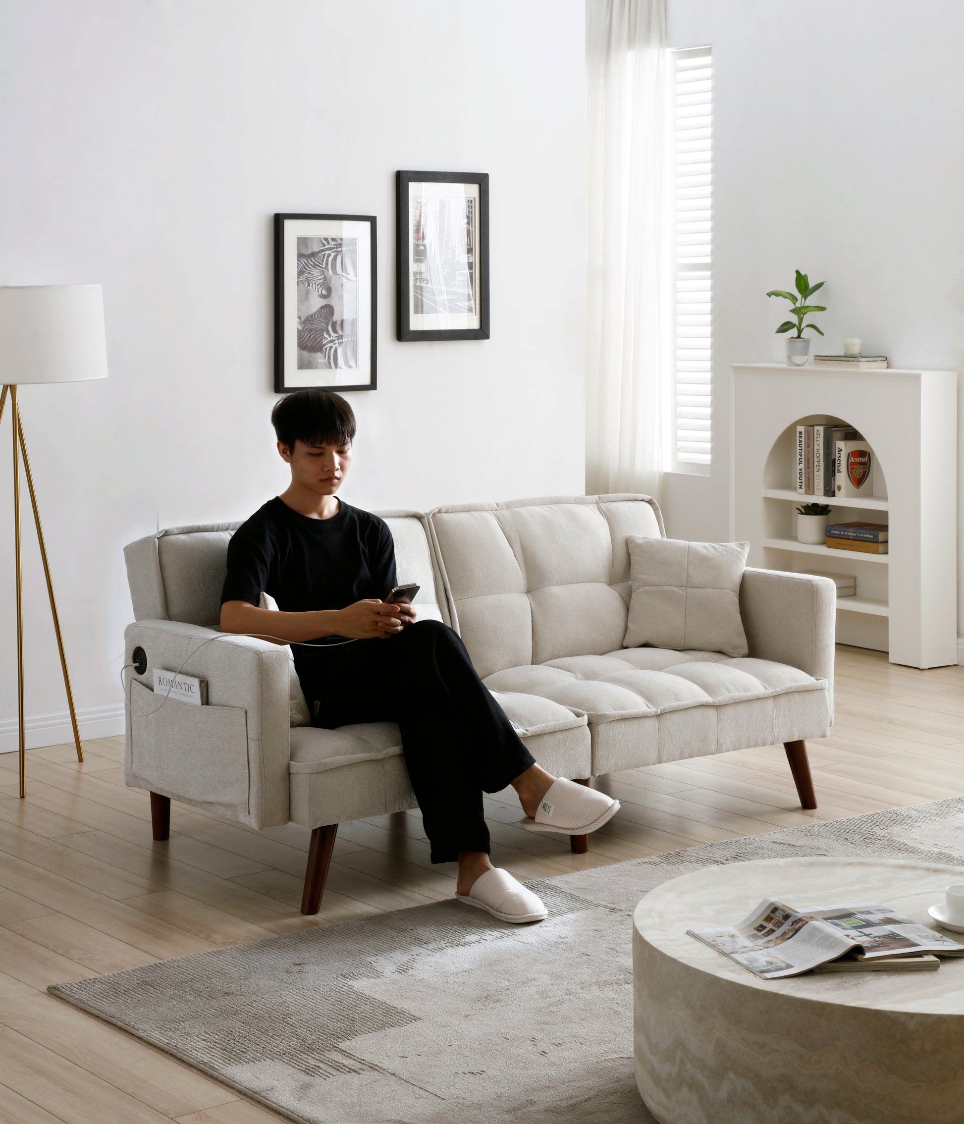 Sofa Bed Sleeper, Usb Charging Port, Chenille Fabric Folding Futon Recliner For Living Room Furniture Apartment Bedroom Office Small Spaces Beige Brown Chenille Wood Primary Living Space Medium Soft Tufted Back Modern Rubberwood Foam Solid Wood 2 Seat