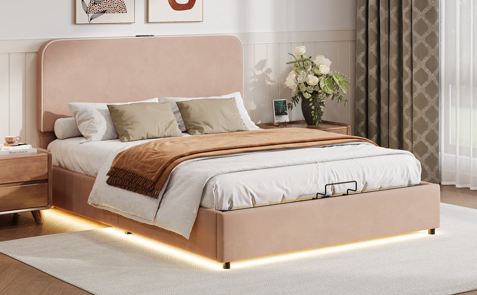 Upholstered Platform Full Size Hydraulic Storage Bed, Lift Up Storage Bed With Rgb Led Light, Bluetooth Speaker, No Box Spring Needed, Lychee Velvet,Pink Full Pink Velvet Fabric Metal