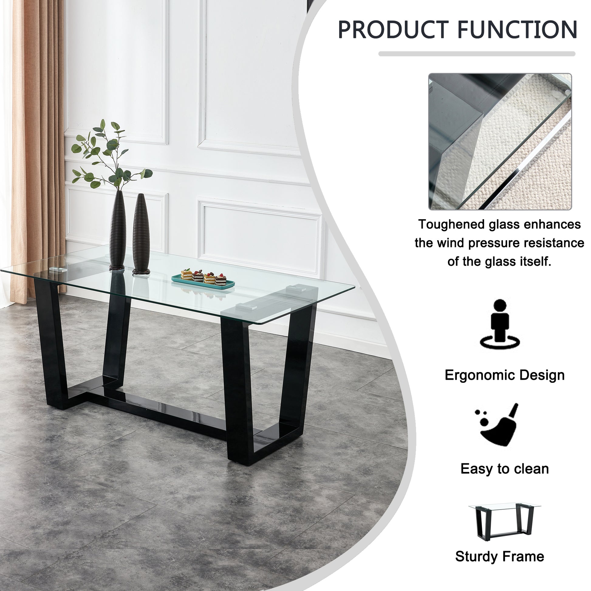 Seating 6 8 People, This Modern, Minimalist Rectangular Dining Table Features A Tempered Glass Top And A Sleek Black Mdf Stand. Suitable For Kitchen, Dining Room, Living Room, Meeting Room Transparent Mdf Glass