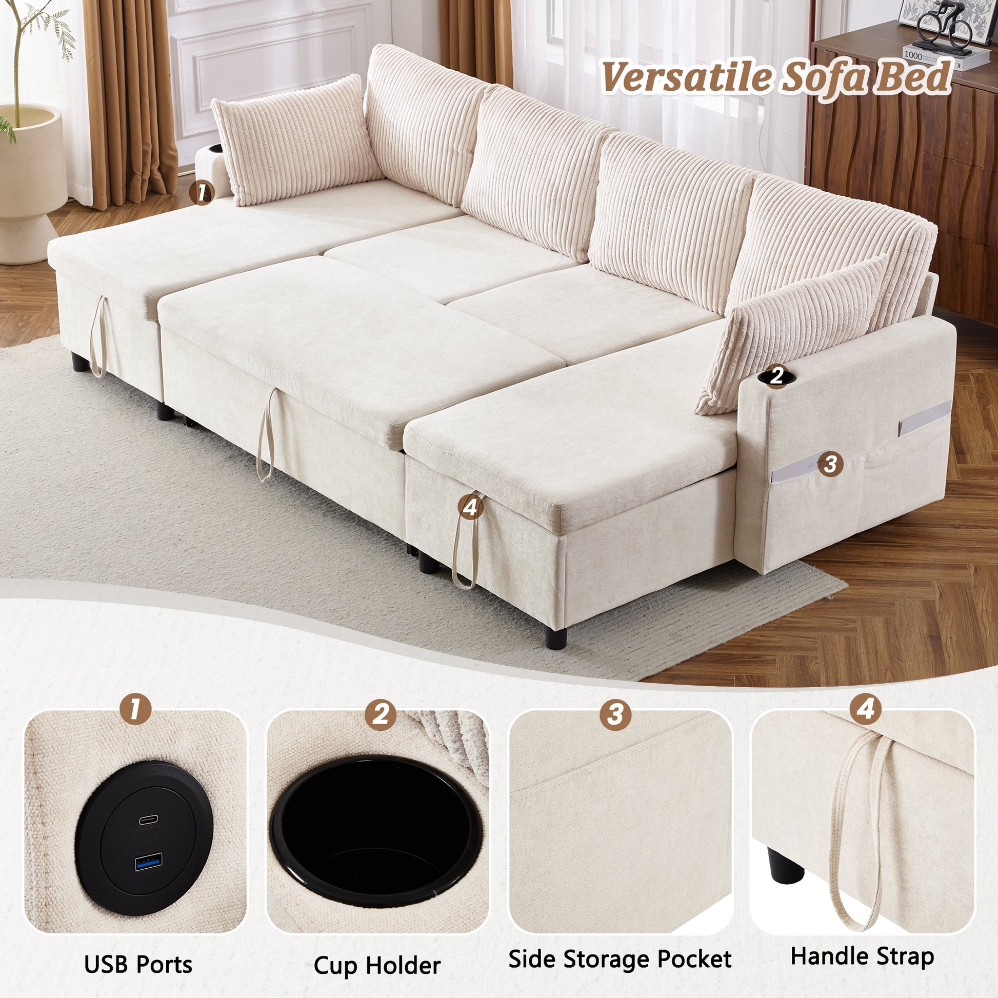 111.8" Sectional Sofa Pull Out Sofa Bed Versatile Sofa Sleeper With Large Storage Space, Two Usb Ports And Two Cup Holders For Living Room, Beige Beige Foam Chenille 4 Seat