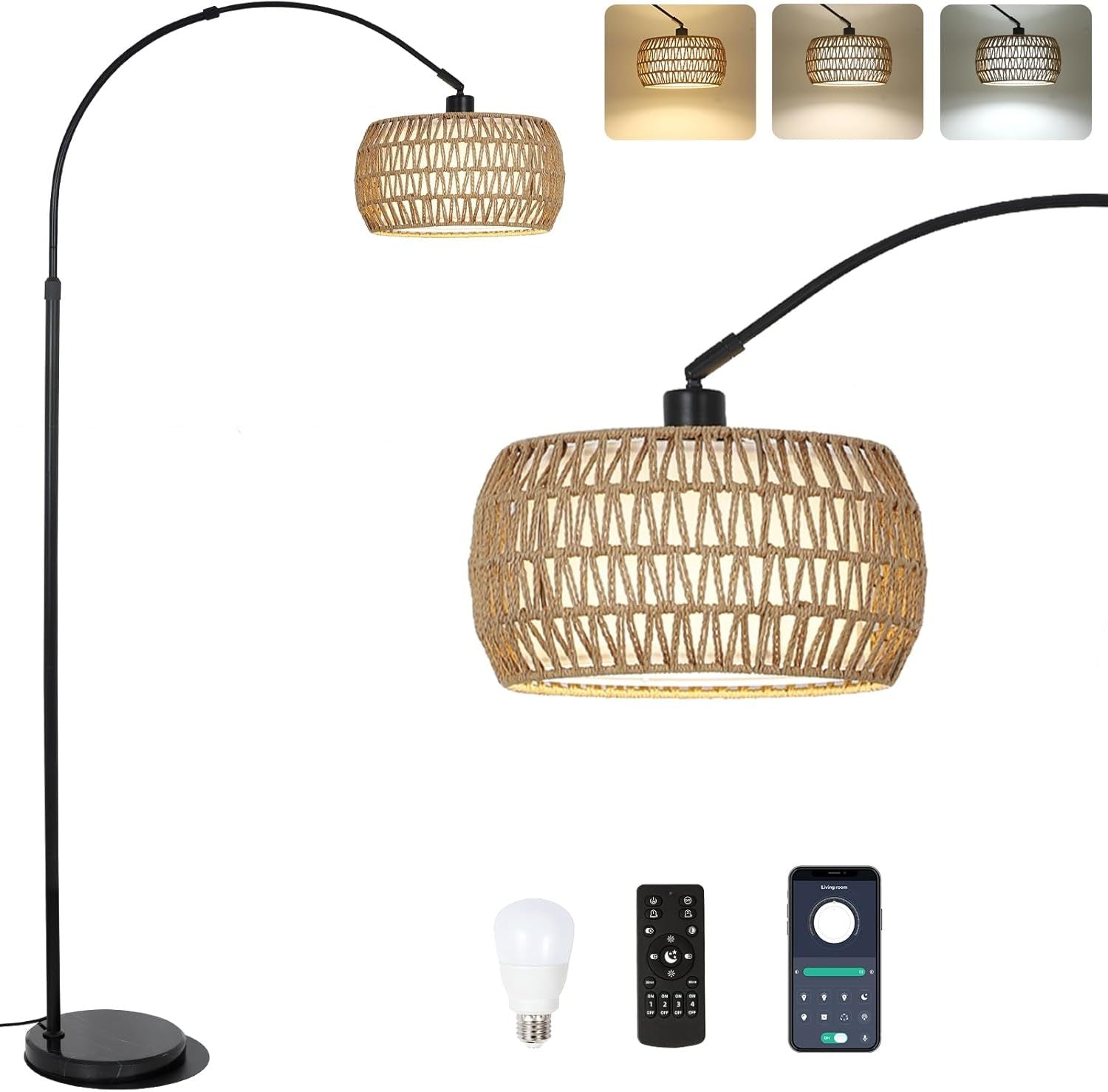 Arc Floor Lamps For Living Room With 3 Color Temperatures, Black Standing Lamp With Remote & Dimmable Led Bulb, Rattan Boho Floor Lamp, Farmhouse Tall Lamp For Bedroom, Over Couch Arched Reading Light Brown Black Rattan Metal