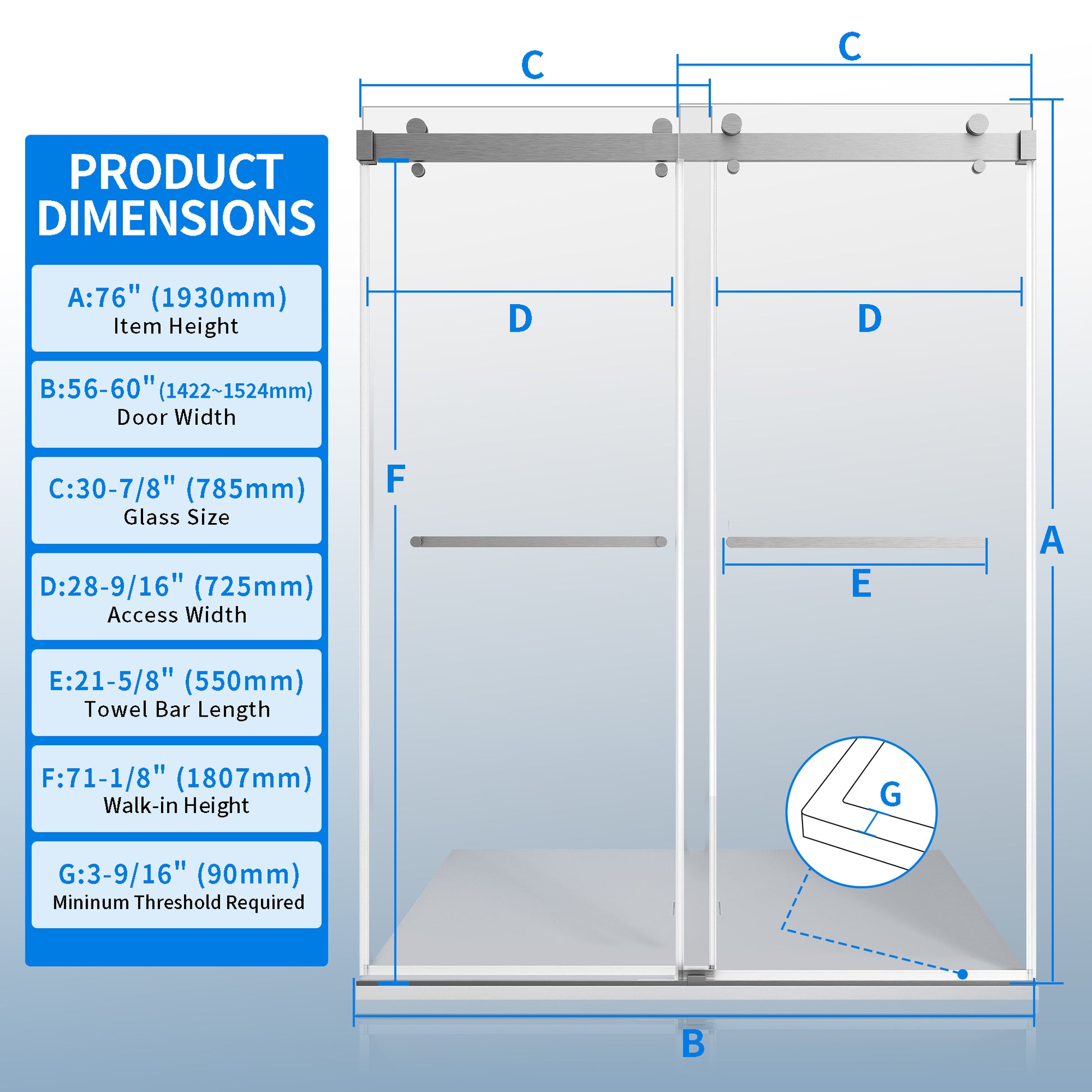 56" 60" Width 76" Height Double Sliding Framless Soft Close Shower Door With 3 8 Inches 10Mm Tempered Safety Glass, Brushed Nickel Finish Brushed Nickel Bathroom Luxury,Modern Glass