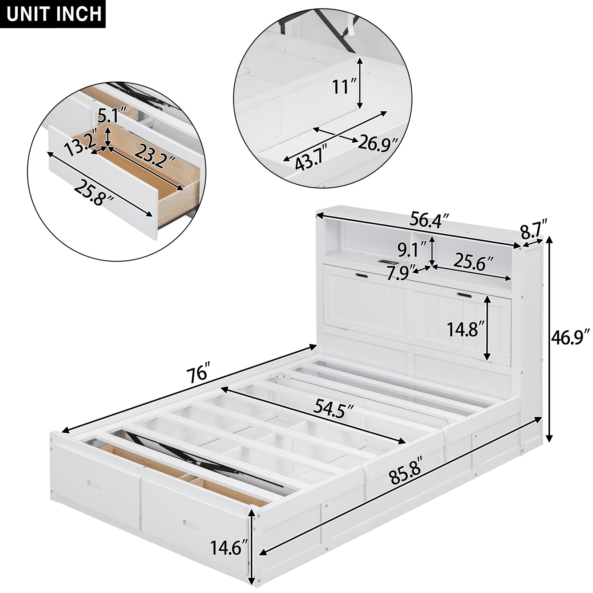 Wood Full Size Hydraulic Platform Bed With Storage Led Headboard, Charging Station And 2 Drawers, White Box Spring Not Required Full White Wood Bedroom Bed Frame Solid Wood Mdf