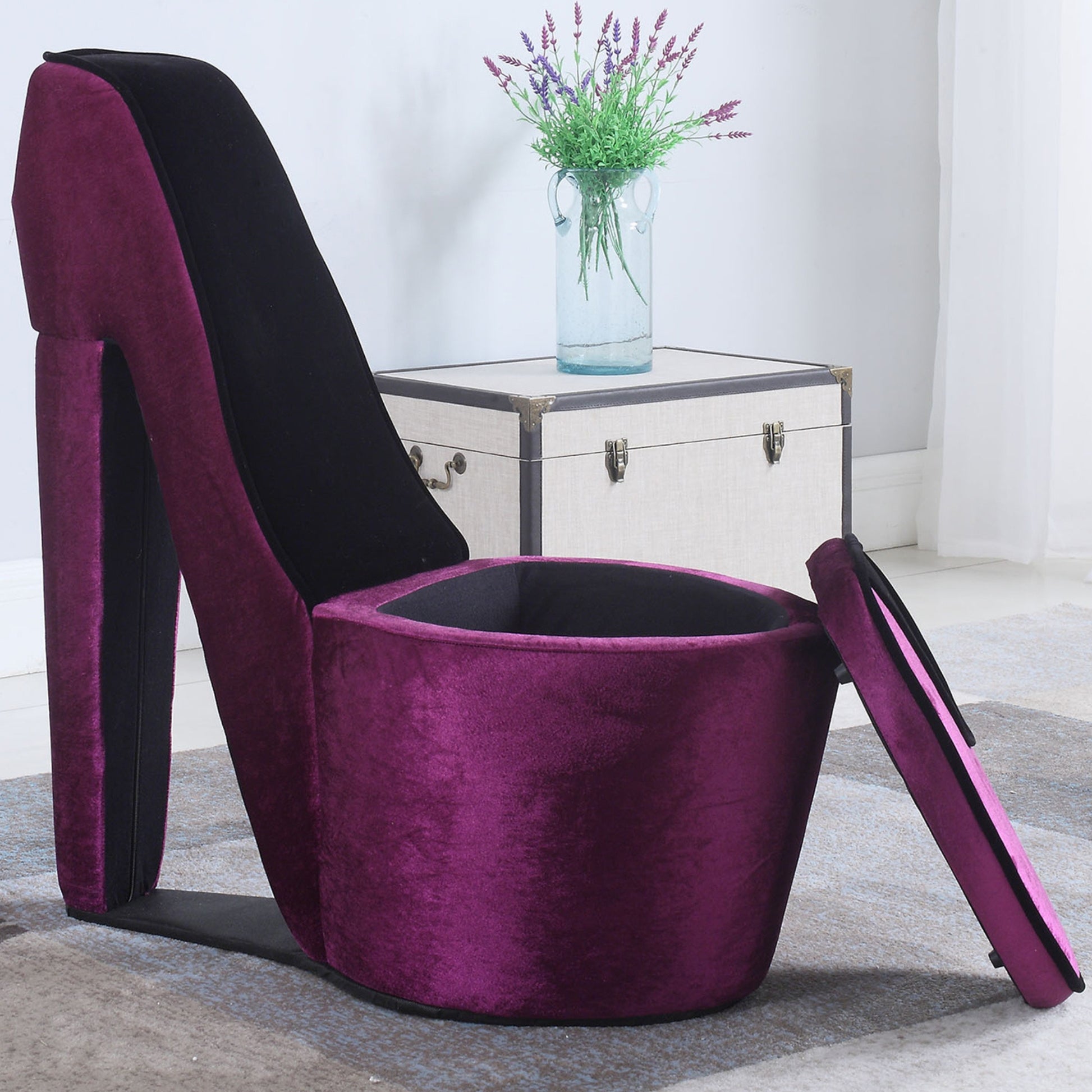 32.86" In Purple W Black Sole High Heel Storage Chair Purple Black Wood Fabric