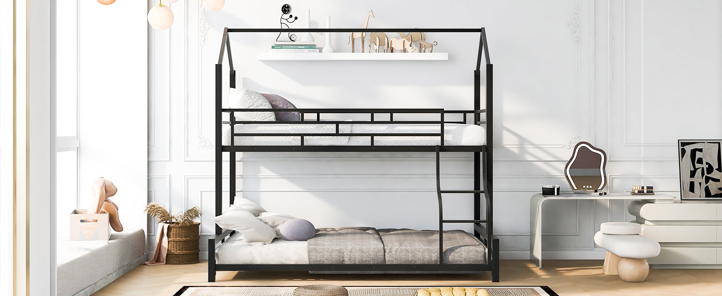 Metal House Bunk Bed, Twin Over Full, Black Full Black Metal