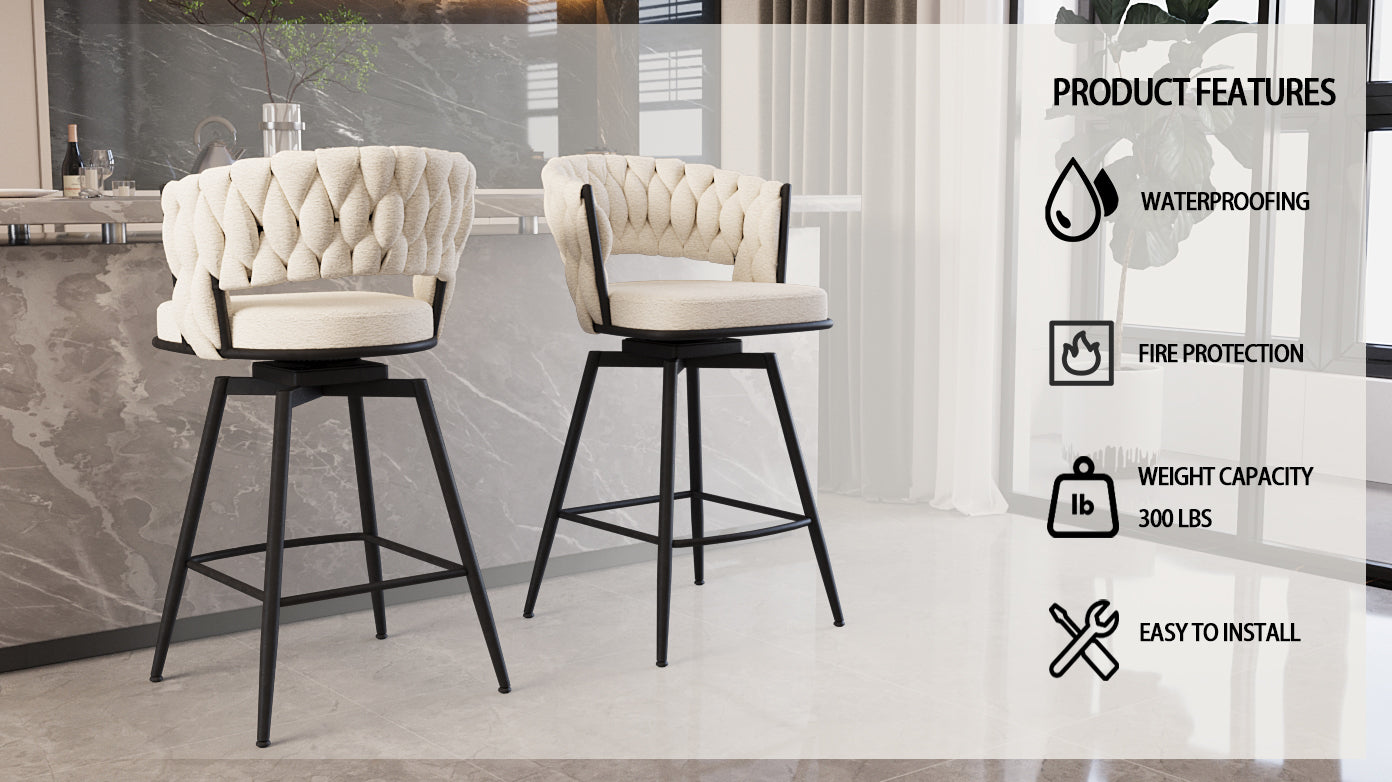 Bar Chair Toweling Woven Bar Stool Set Of 2, Black Legs Barstools No Adjustable Kitchen Island Chairs,360 Swivel Bar Stools Upholstered Counter Stool Arm Chairs With Back Footrest, White White Foam Linen