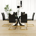 Modern Style Glass Dining Table, Elegant Transparent Design, Solid Support Base, Black Dining Chair Set, Gold Plated Chair Legs, Suitable For Restaurant Kitchen Use Set Of 7 Black Pu Glass