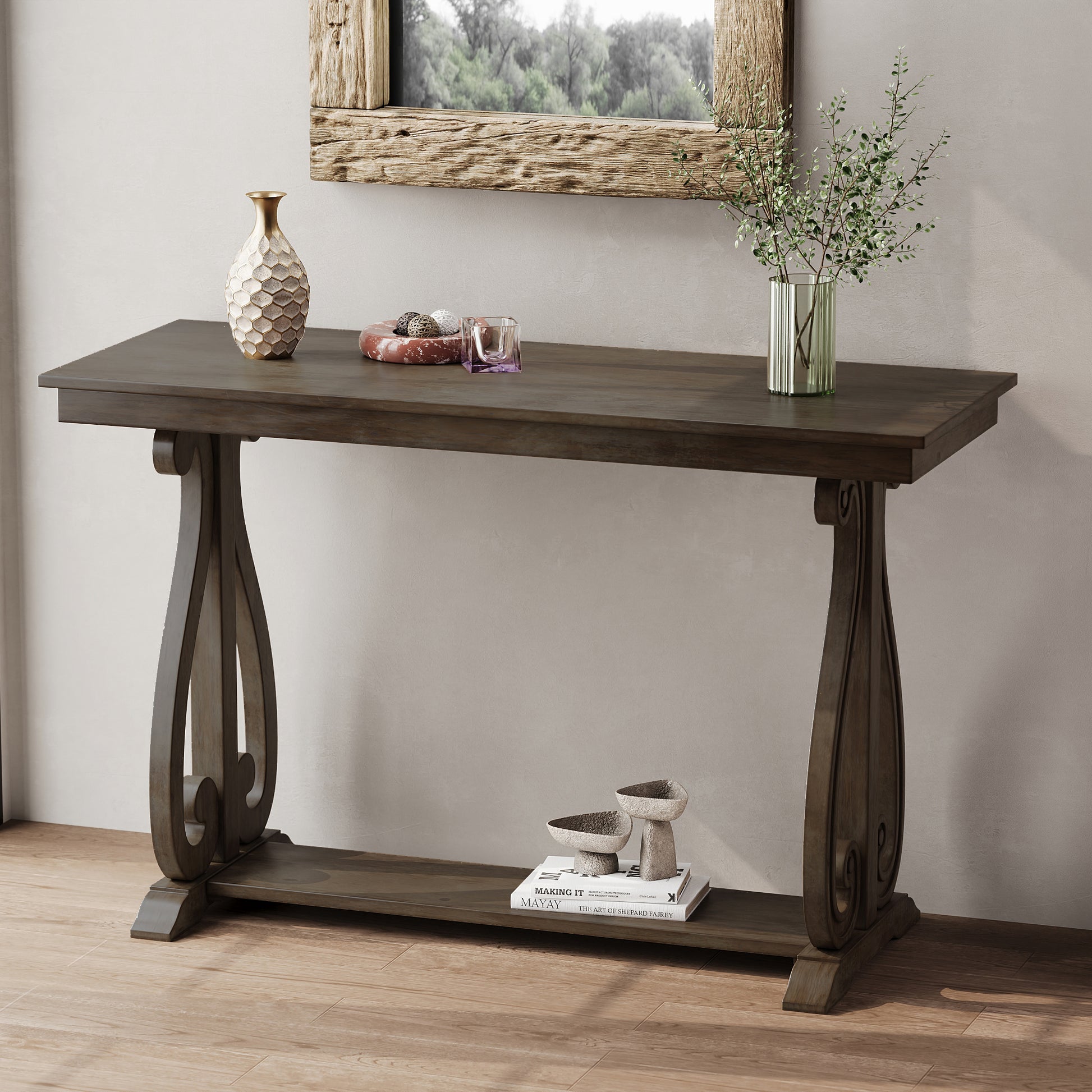 48 Inch Rustic Vintage Console Tablefarmhouse Style Entryway Table With Open Shelf And Sturdy Construction For Entryway And Living Room Walnut Walnut Distressed Finish Primary Living Space Antique,Rustic,Vintage Open Storage Console Tables Brushed