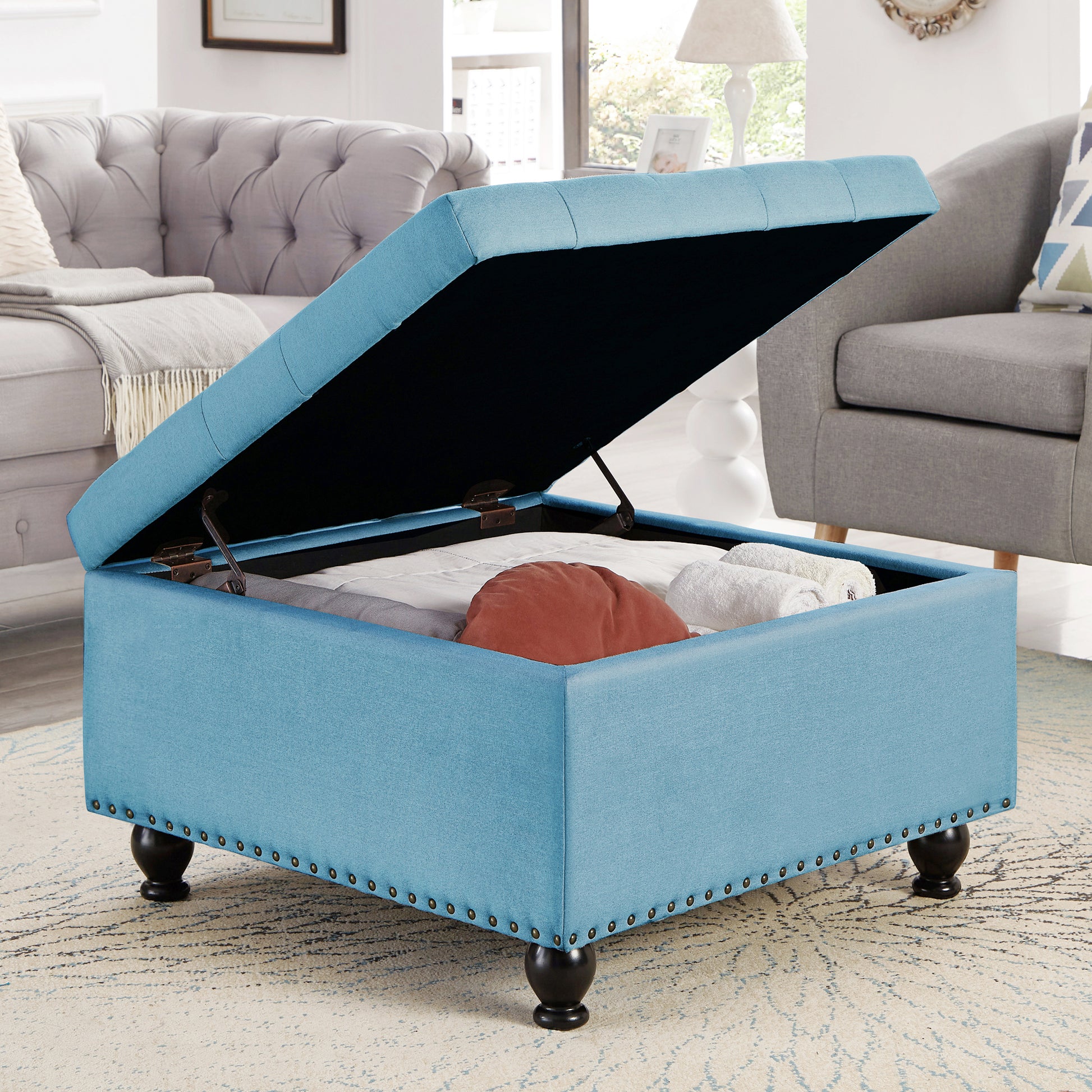 Large Square Storage Ottoman With Wooden Legs, Upholstered Button Tufted Coffee Table With Nail Trims,Light Blue Espresso Wood Primary Living Space Solid Black Rubberwood Wood Tufted Light Blue Linen Linen Or Linen Blend Medium Soft Backless American