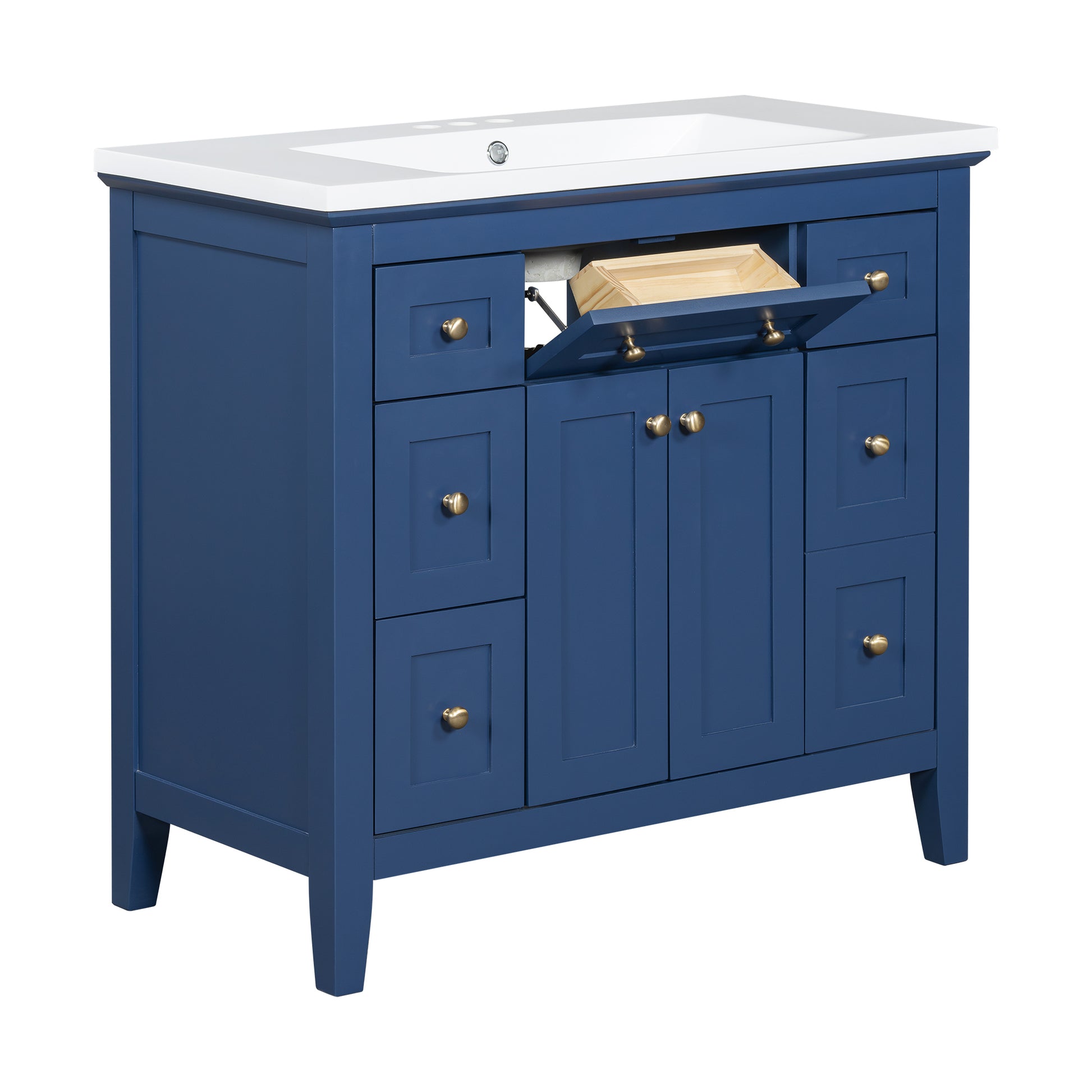 36'' Bathroon Vanity With Resin Sink Combo Set, Modern Freestanding Single Bathroom Cabinet With 6 Drawers & 2 Cabinets, Storage Cabinet For Bathroom, Solid Wood Frame Vanity Set, Blue 4 Blue 2 2 Bathroom Freestanding Solid Wood Mdf Resin Painted